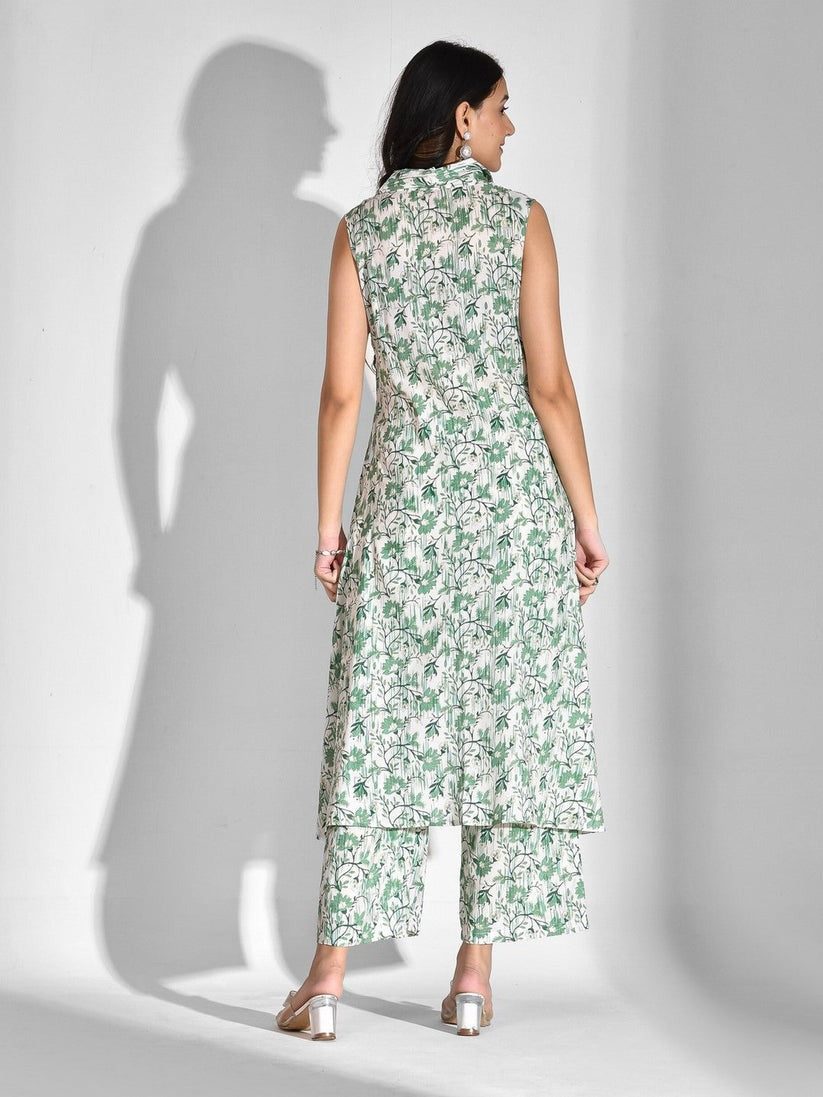 Green & White Floral Printed Rayon Co-Ord Set