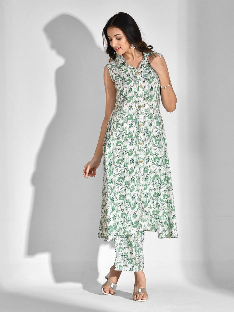 Green & White Floral Printed Rayon Co-Ord Set