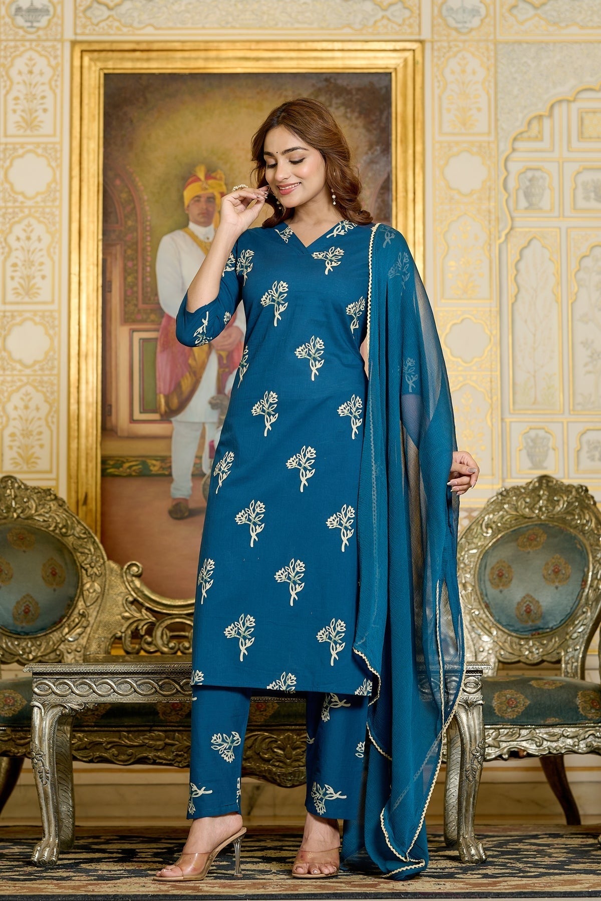 Teal Blue Printed Pure Cotton Kurti & Palazzo with Chiffon Dupatta