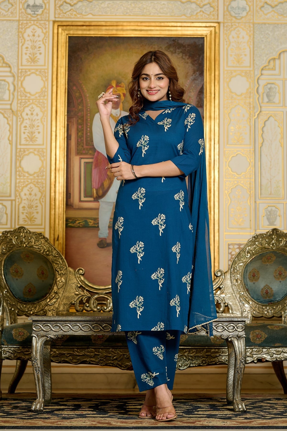 Teal Blue Printed Pure Cotton Kurti & Palazzo with Chiffon Dupatta