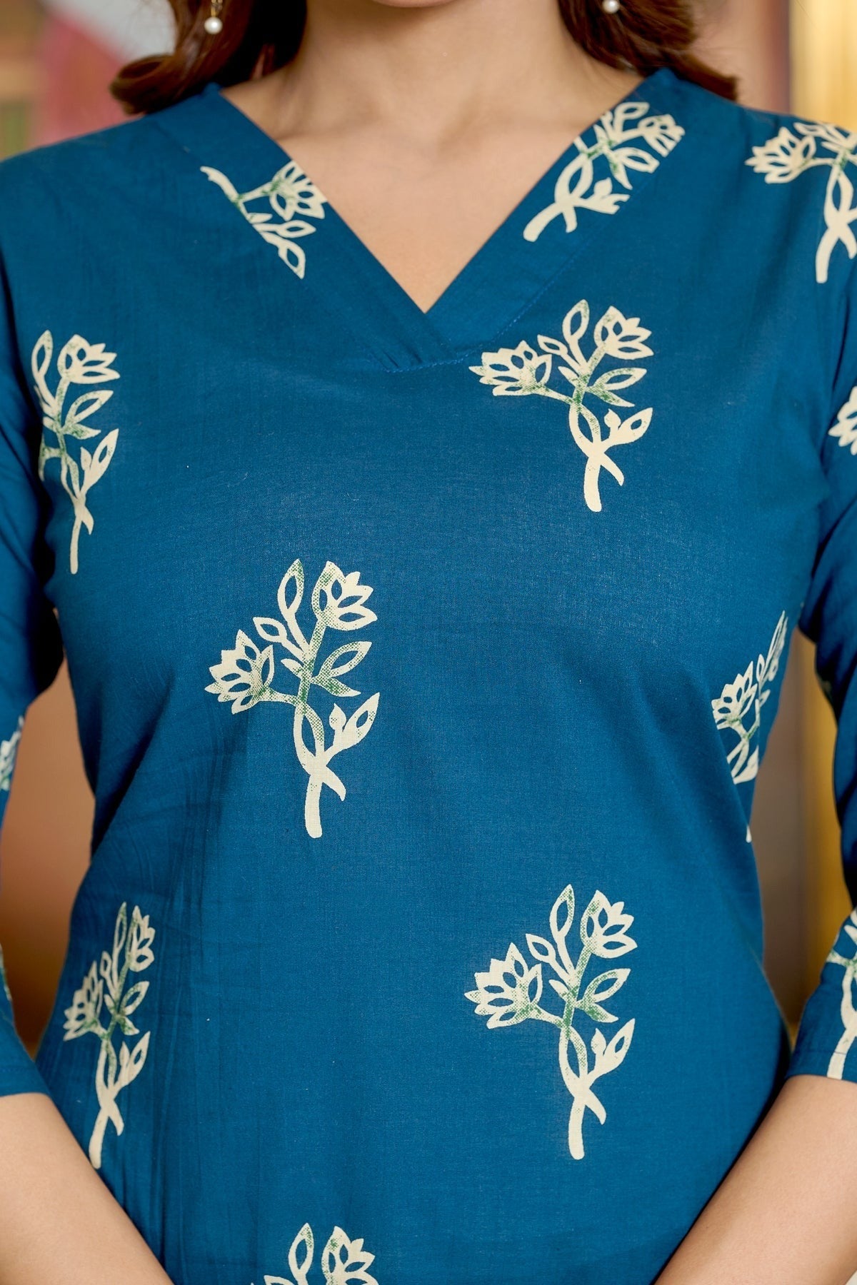Teal Blue Printed Pure Cotton Kurti & Palazzo with Chiffon Dupatta