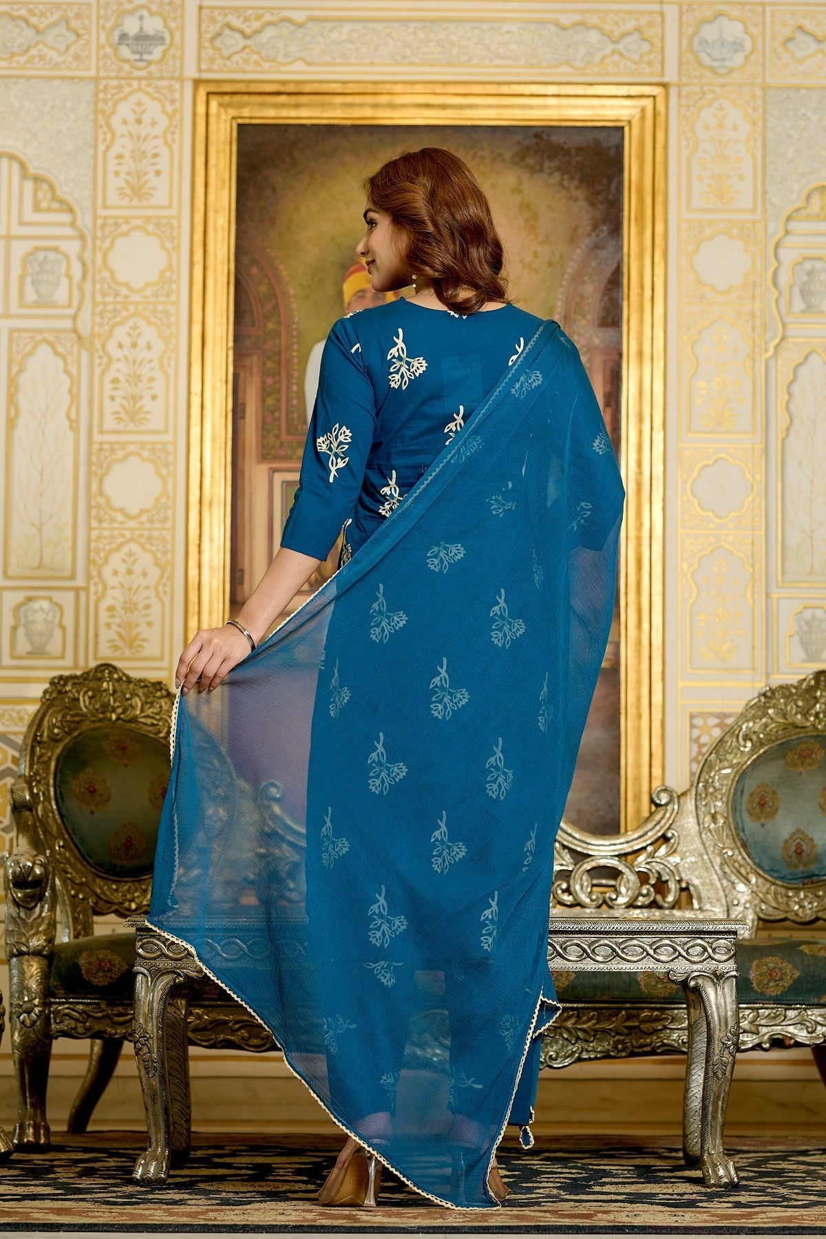 Teal Blue Printed Pure Cotton Kurti & Palazzo with Chiffon Dupatta