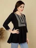 Load image into Gallery viewer, Black Rayon Embroidered Short Kurti Top
