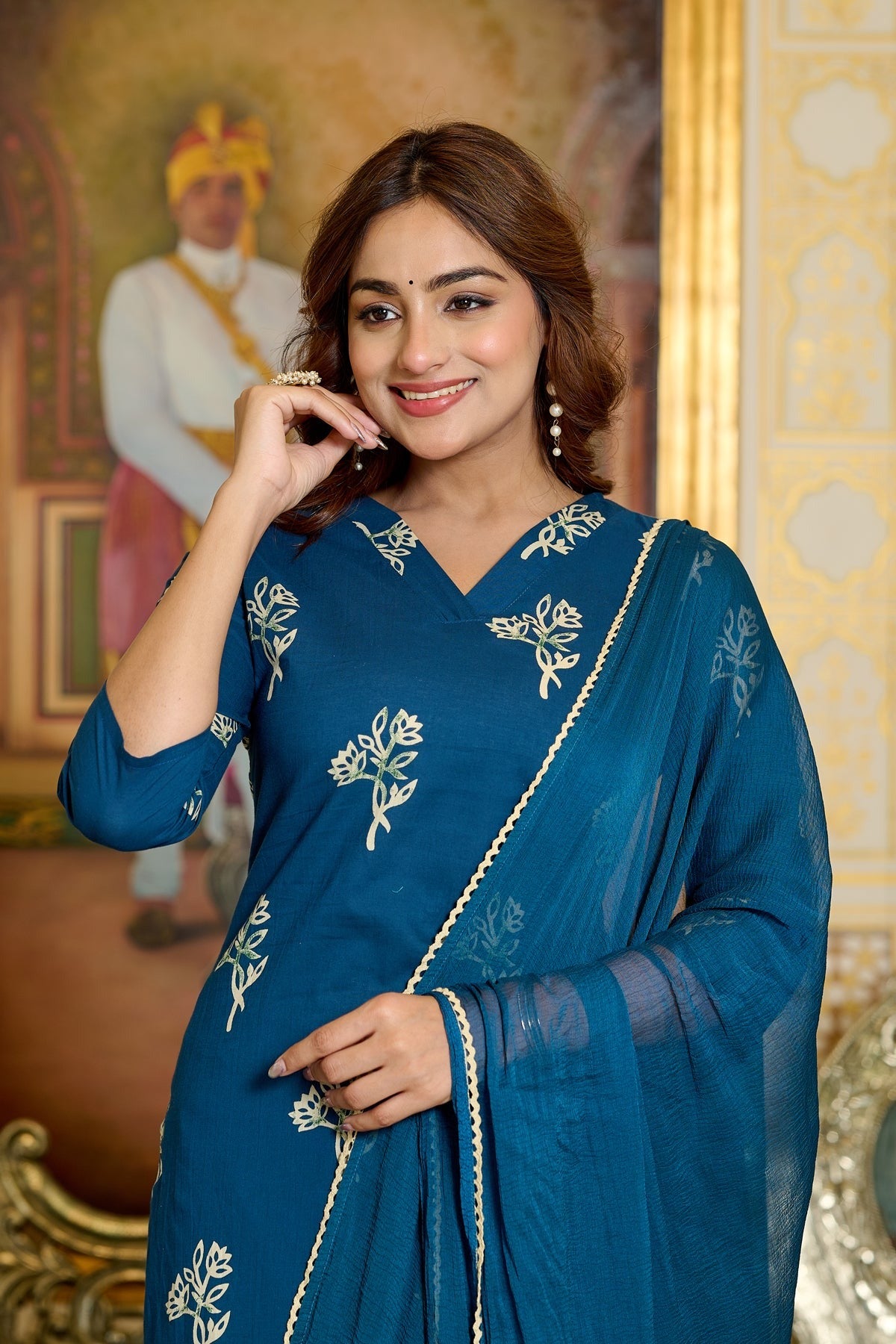 Teal Blue Printed Pure Cotton Kurti & Palazzo with Chiffon Dupatta