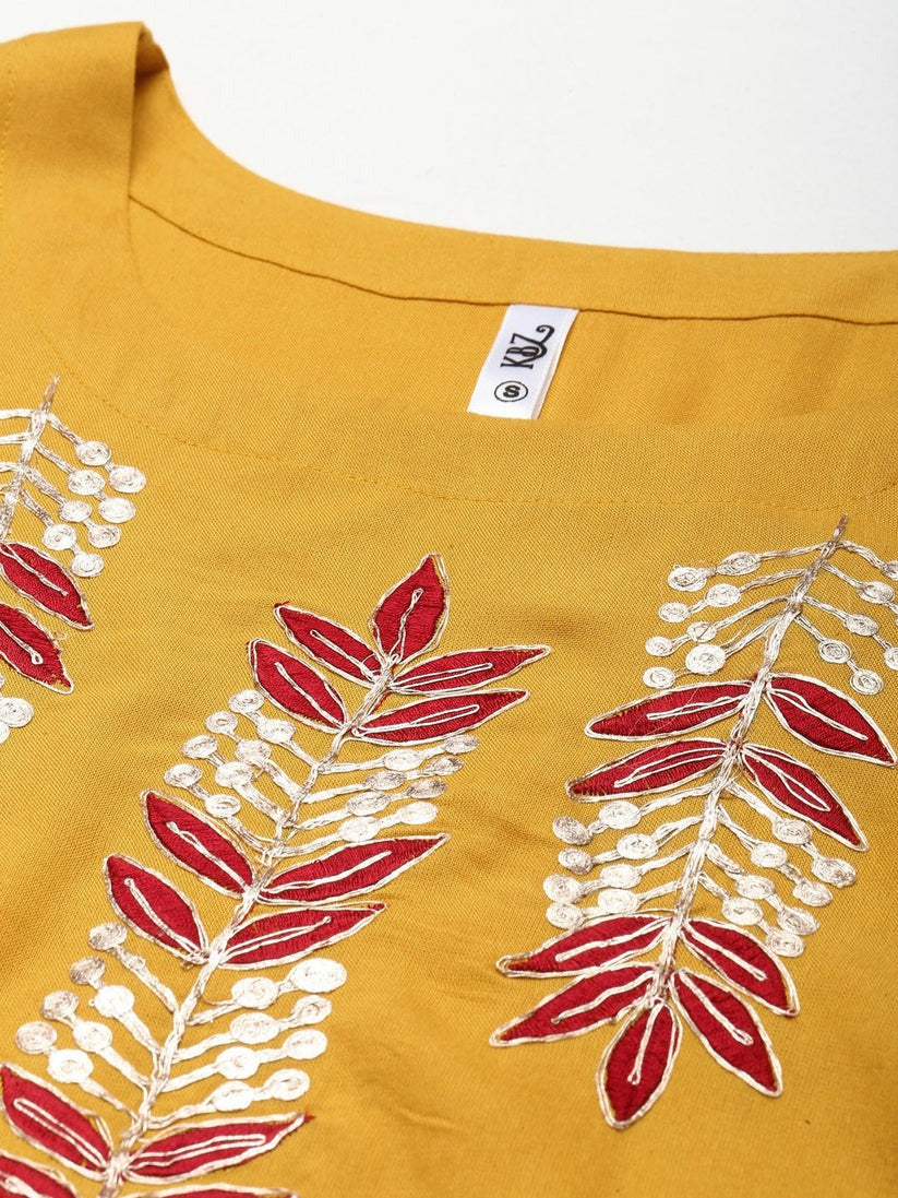 Yellow Yoke Embroidered Rayon Kurti Top (Top Only)