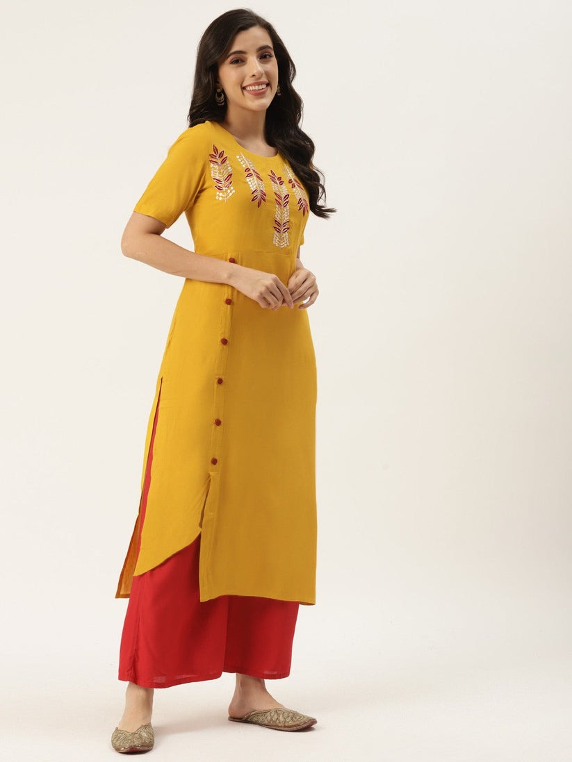 Yellow Yoke Embroidered Rayon Kurti Top (Top Only)