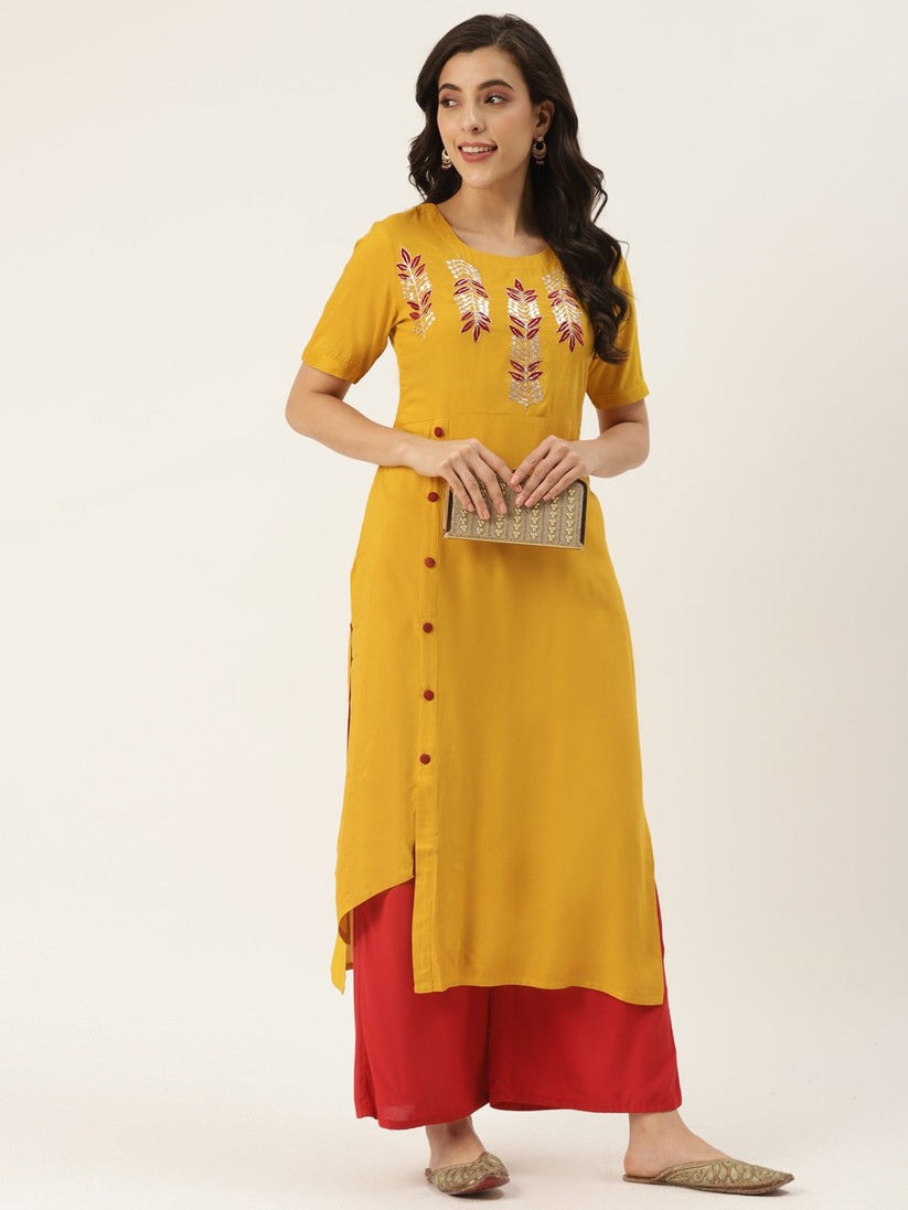 Yellow Yoke Embroidered Rayon Kurti Top (Top Only)
