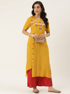 Yellow Yoke Embroidered Rayon Kurti Top (Top Only)