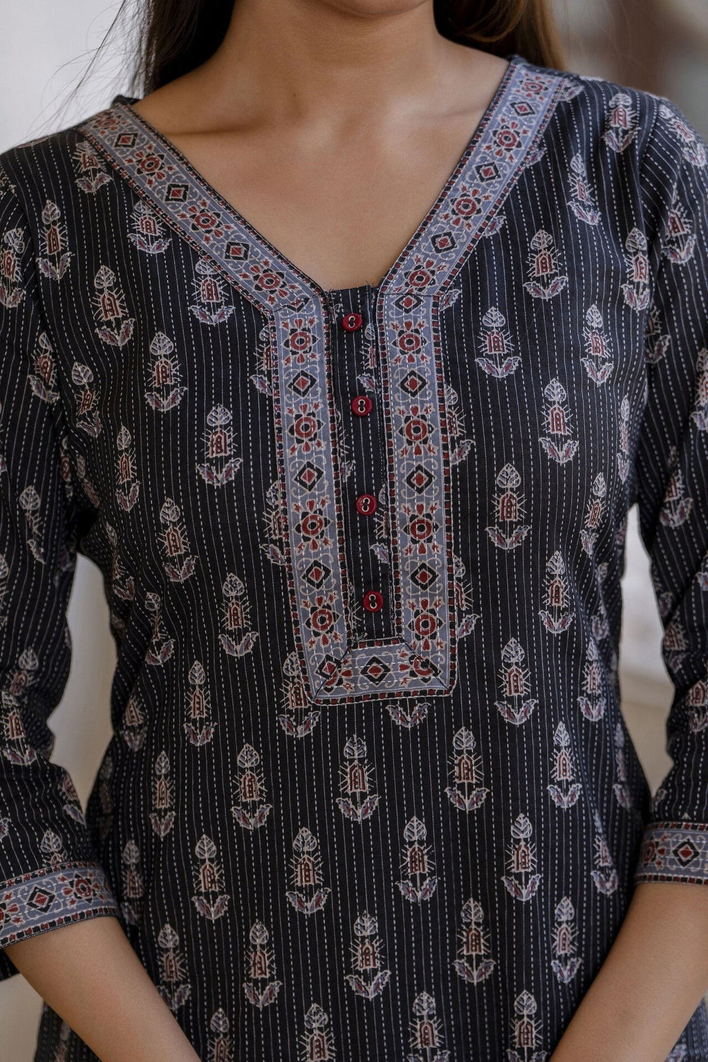 Black Printed Kantha Cotton Kurti Top (Top Only)