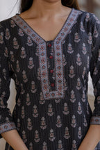 Black Printed Kantha Cotton Kurti Top (Top Only)