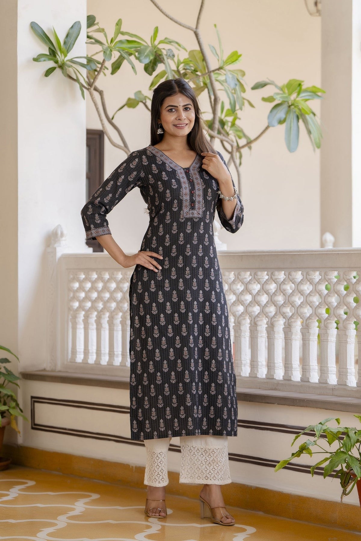 Black Printed Kantha Cotton Kurti Top (Top Only)