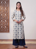 Grey Blue Printed Cotton Princes Cut Kurti Palazo Set (S to 4XL)