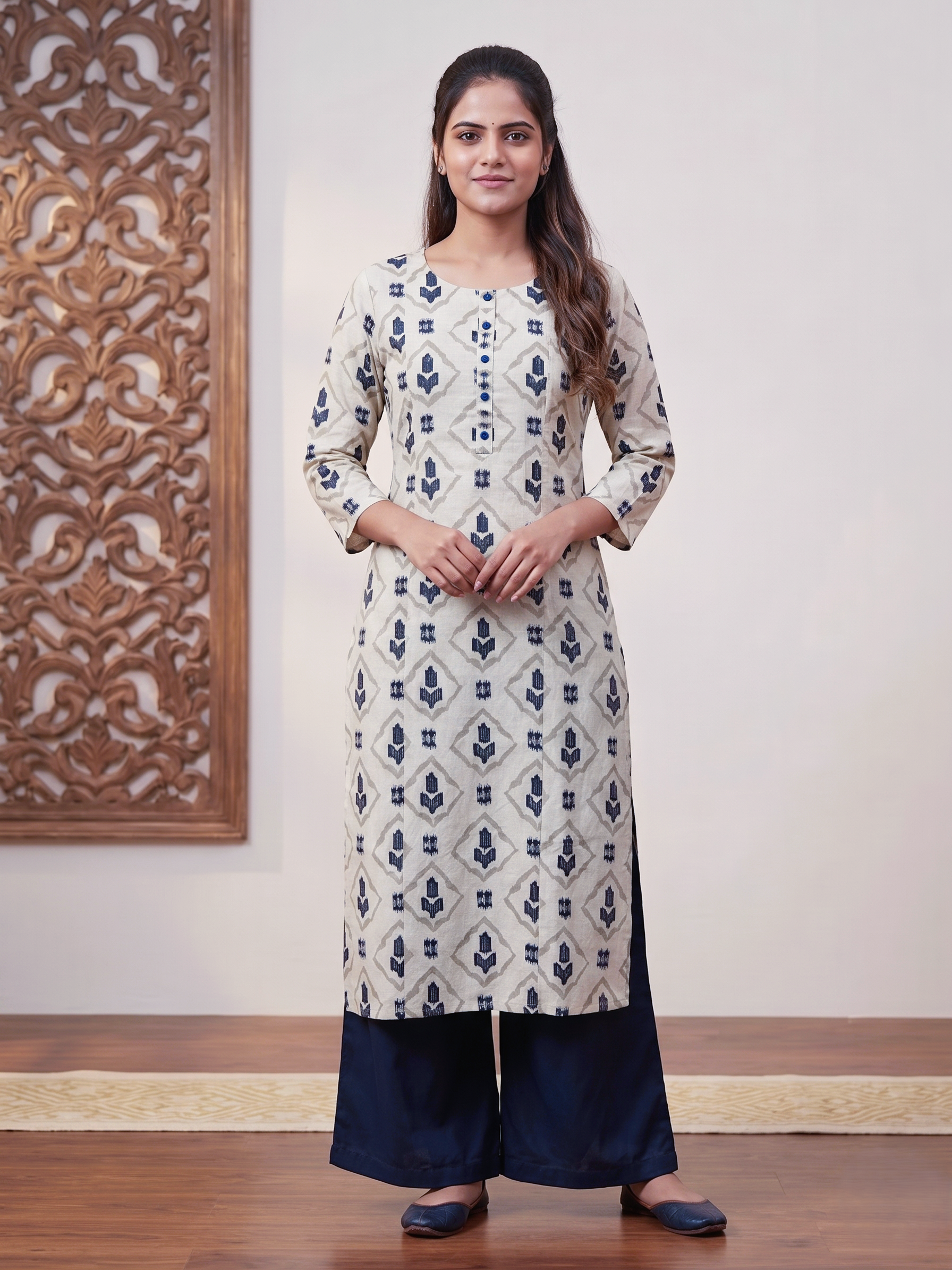 Grey Blue Printed Cotton Princes Cut Kurti Palazo Set (S to 4XL)