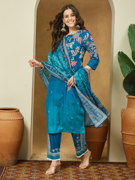 Blue floral Printed cotton blend Kurti Set