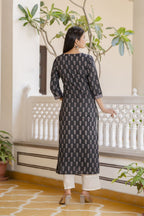 Black Printed Kantha Cotton Kurti Top (Top Only)