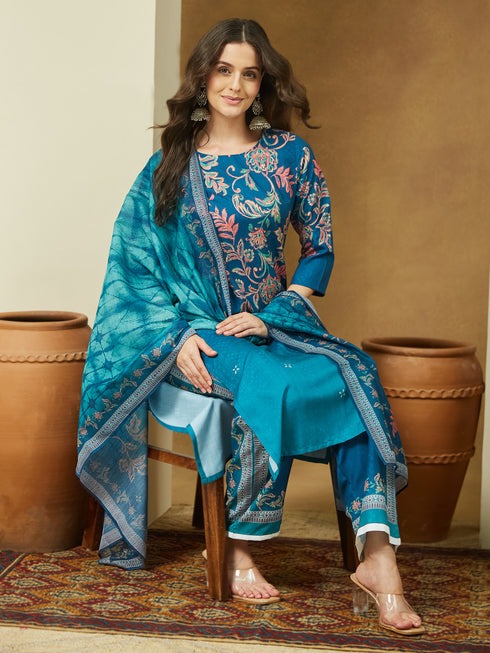 Blue floral Printed cotton blend Kurti Set