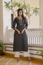 Black Printed Kantha Cotton Kurti Top (Top Only)