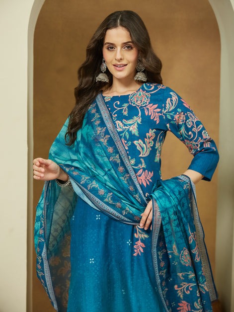 Blue floral Printed cotton blend Kurti Set