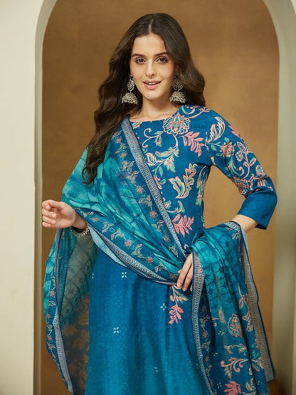 Blue floral Printed cotton blend Kurti Set