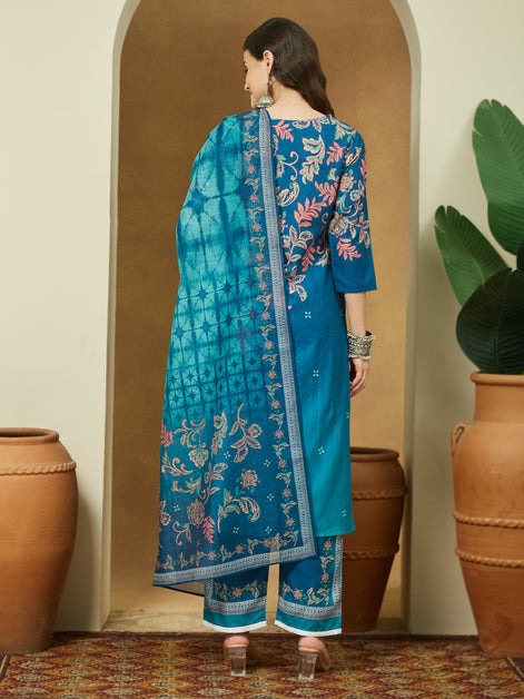 Blue floral Printed cotton blend Kurti Set