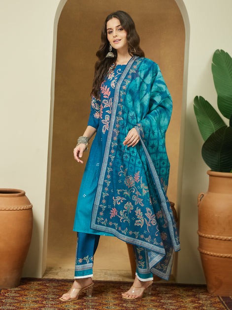 Blue floral Printed cotton blend Kurti Set