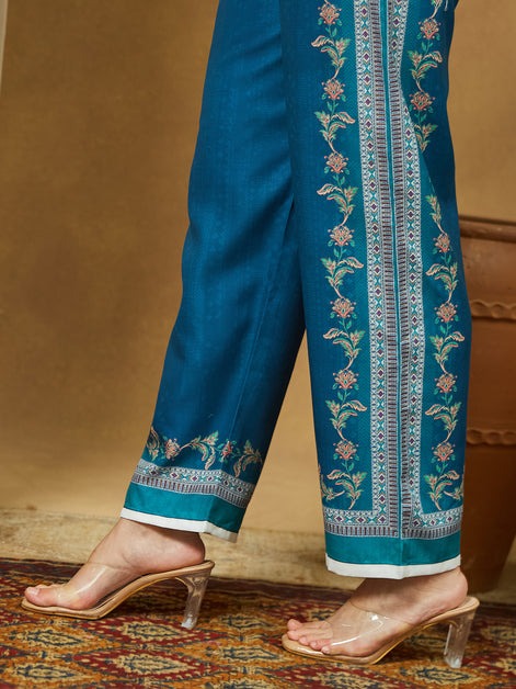 Blue floral Printed cotton blend Kurti Set