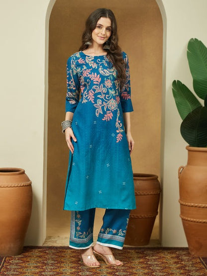 Blue floral Printed cotton blend Kurti Set