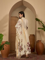 Plus Size Purple & Off White Printed Rayon Kurta Palazzo Set With Dupatta