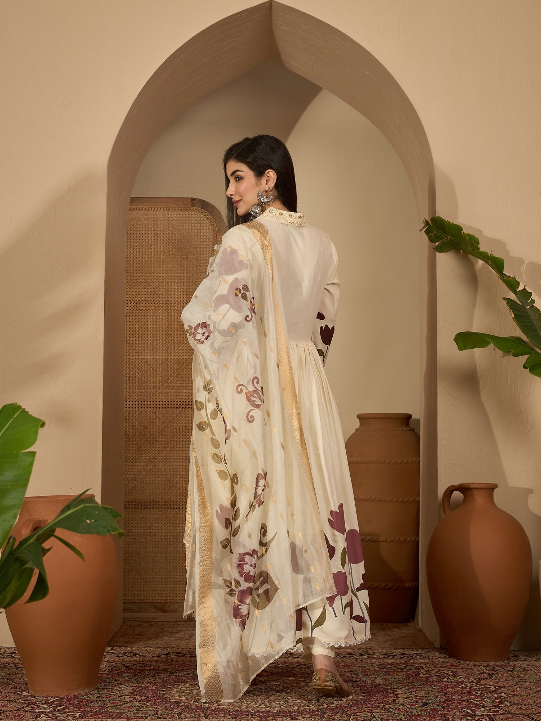 Plus Size Purple & Off White Printed Rayon Kurta Palazzo Set With Dupatta