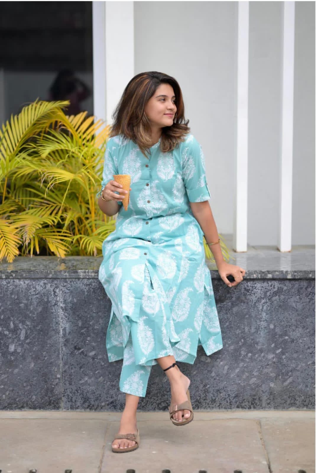 Turquoise Floral Printed Cotton Co-Ord Set