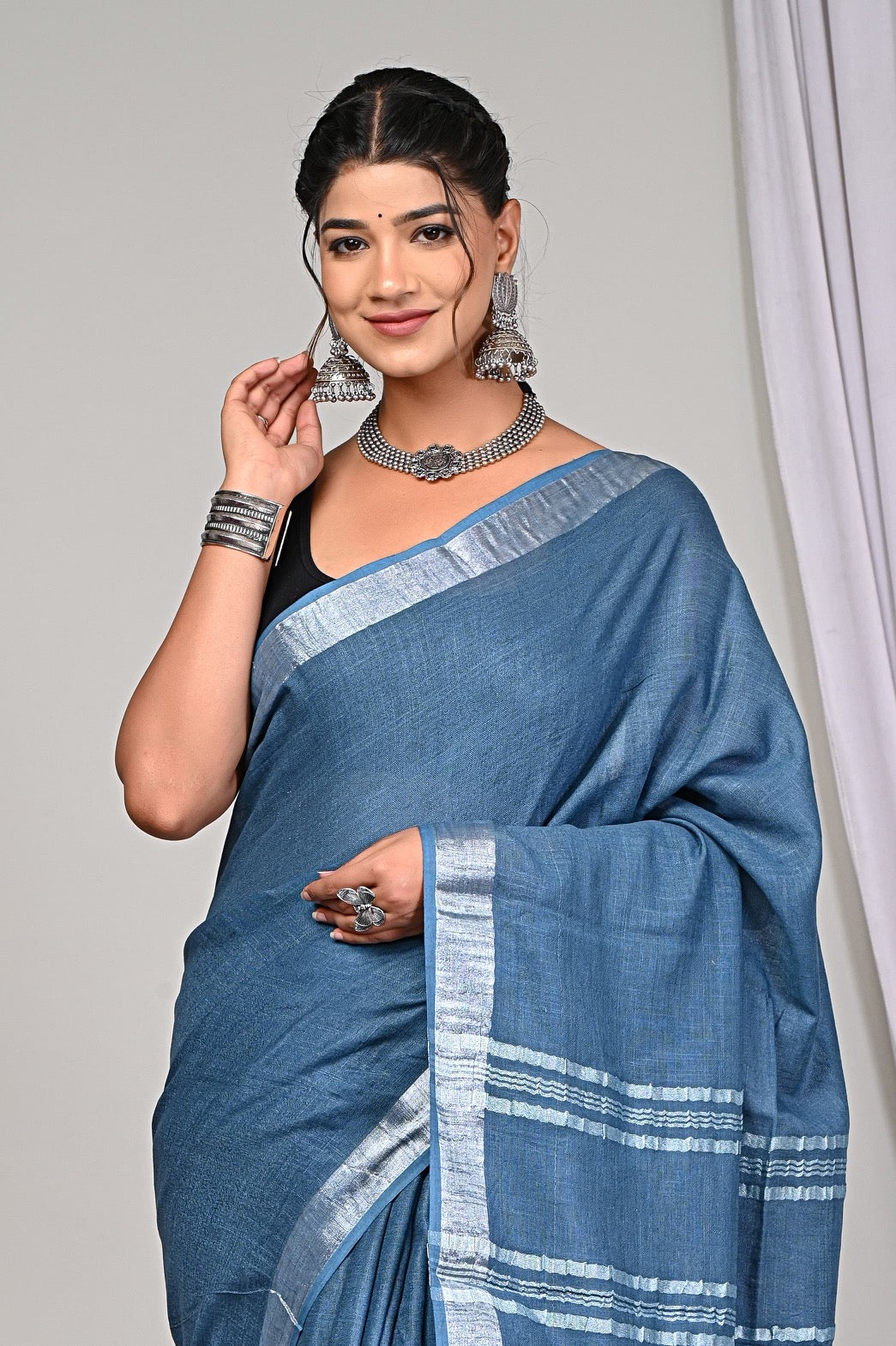 Grey Blue Linen Saree With Silver Border & Blue and white Tassels