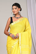 Lemon Yellow Linen Saree With Silver Border & Yellow and white Tassels