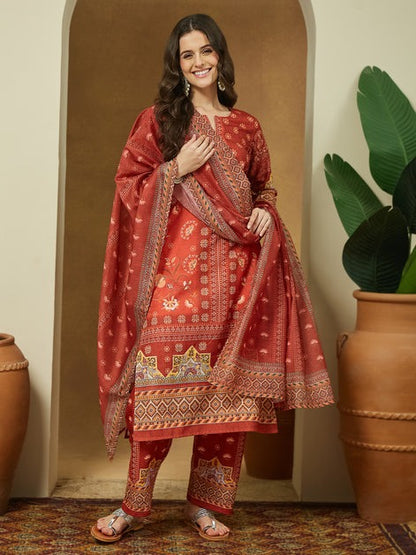 Rust Orange Printed cotton blend Kurti Set