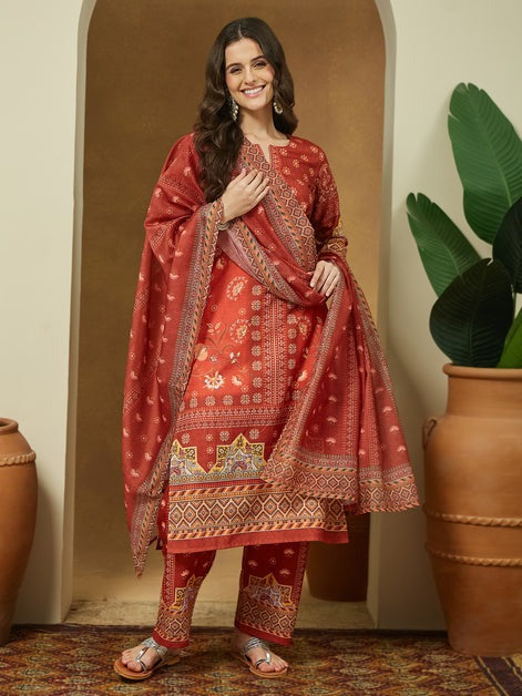 Rust Orange Printed cotton blend Kurti Set