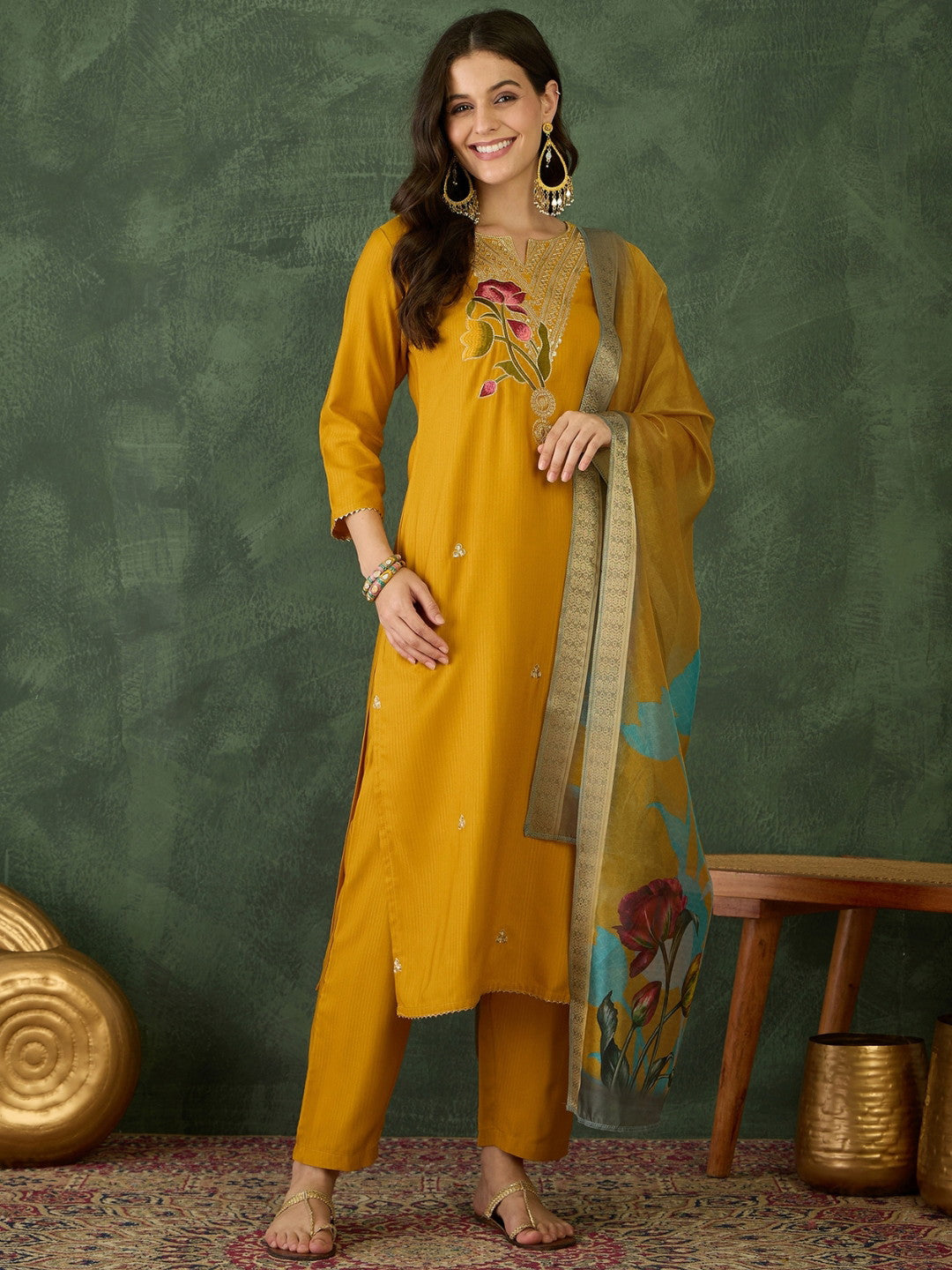 Solid Mustard Rayon Embroidered kurti palazzo with printed dupatta
