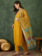 Solid Mustard Rayon Embroidered kurti palazzo with printed dupatta