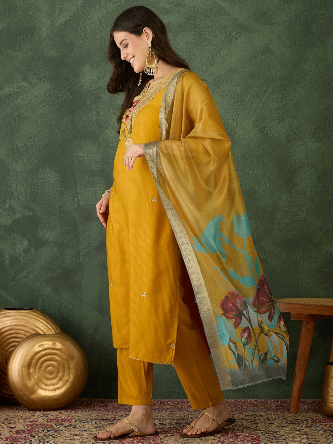 Solid Mustard Rayon Embroidered kurti palazzo with printed dupatta