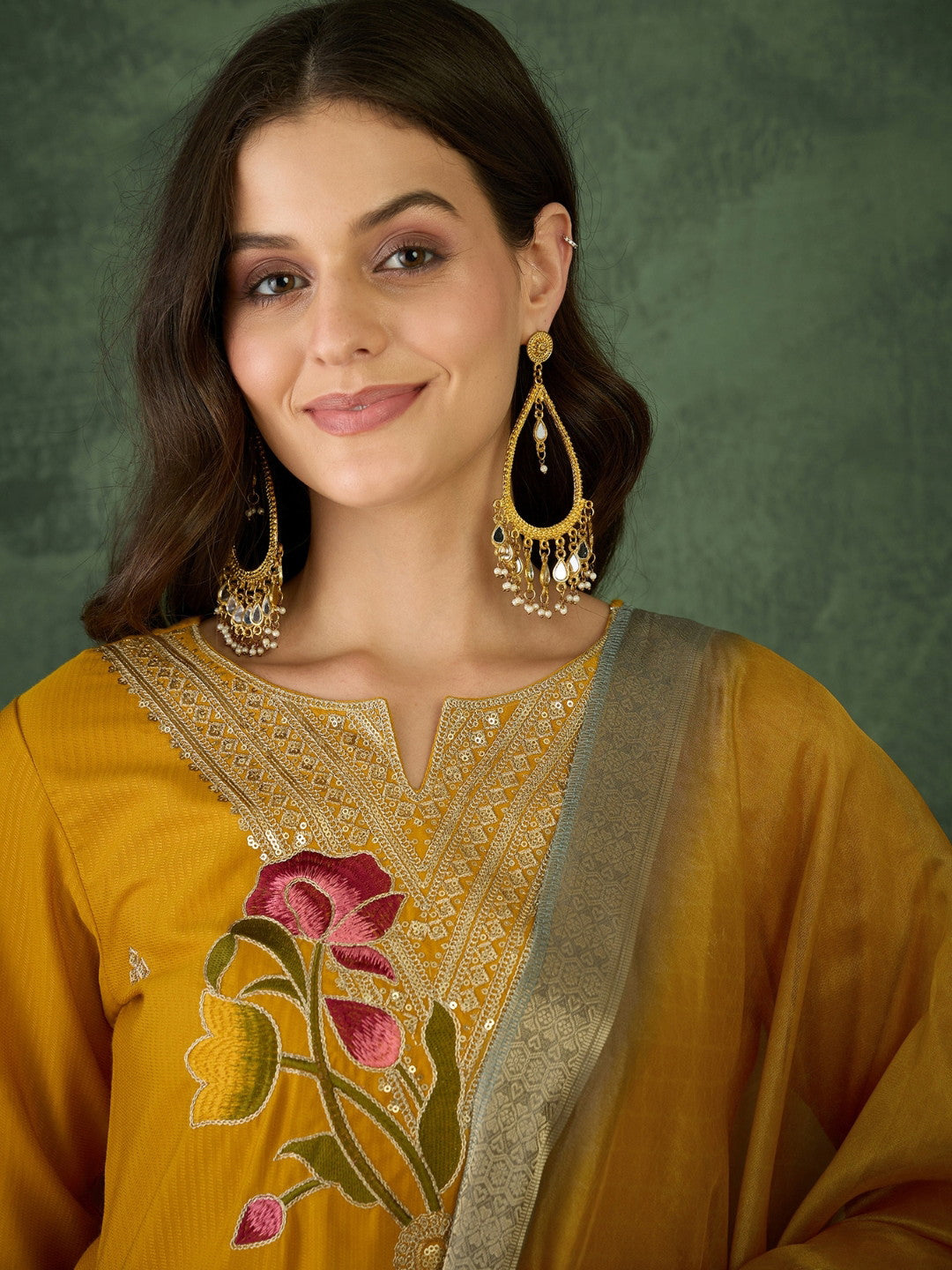 Solid Mustard Rayon Embroidered kurti palazzo with printed dupatta