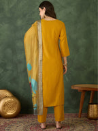 Solid Mustard Rayon Embroidered kurti palazzo with printed dupatta