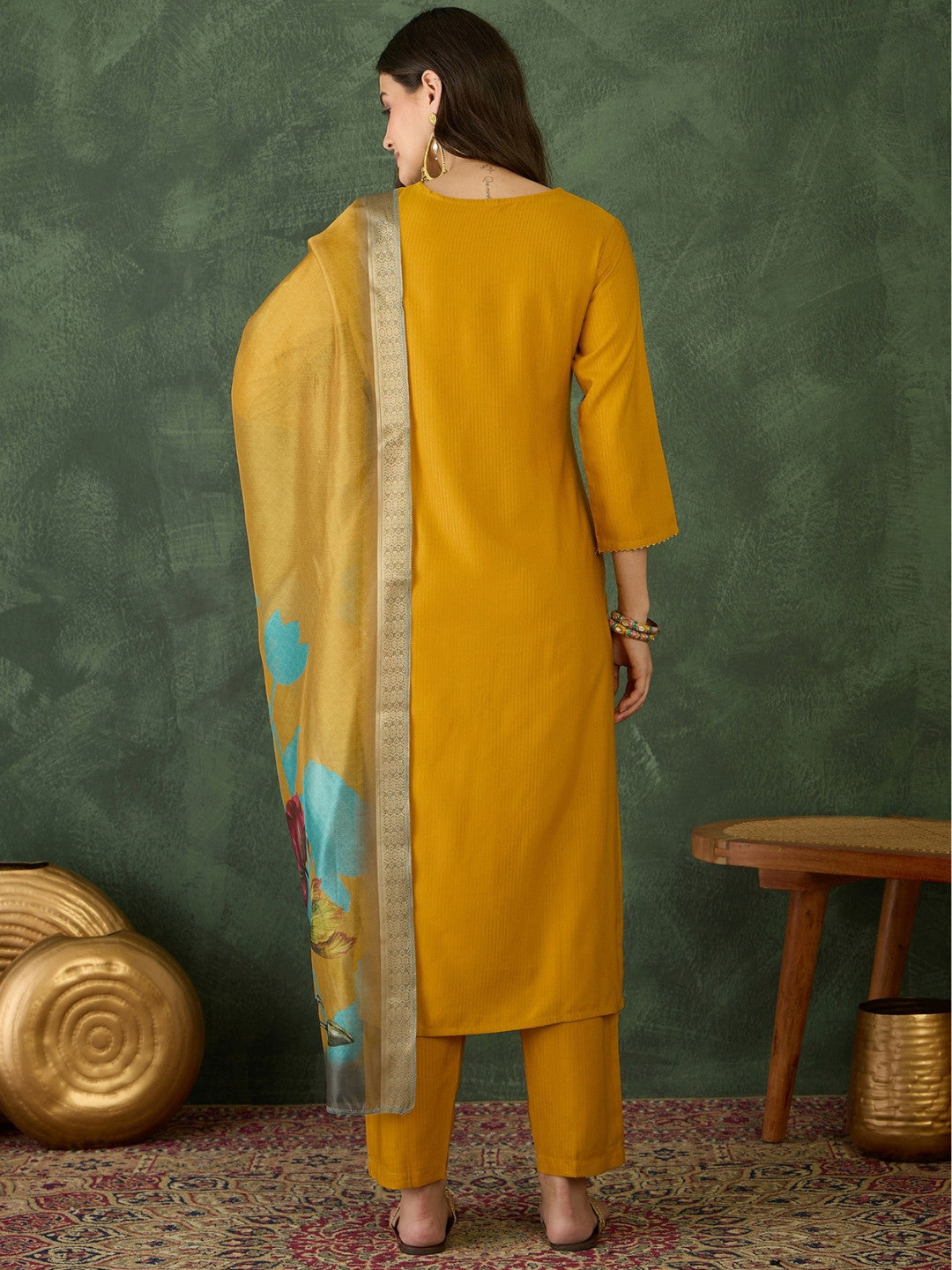 Solid Mustard Rayon Embroidered kurti palazzo with printed dupatta