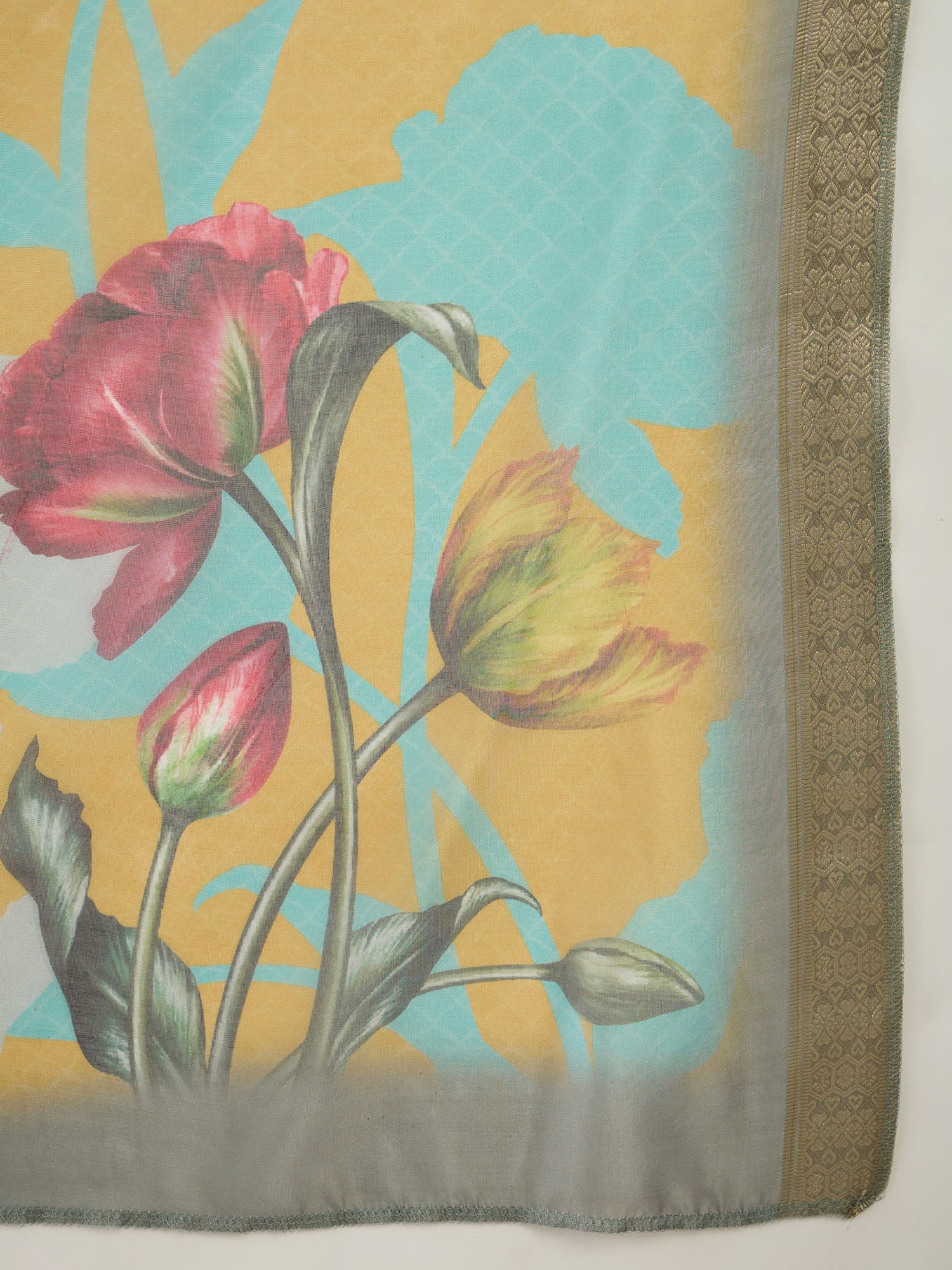 Solid Mustard Rayon Embroidered kurti palazzo with printed dupatta