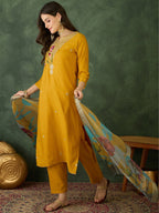 Solid Mustard Rayon Embroidered kurti palazzo with printed dupatta