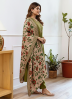 Solid green silk kurti palazzo with printed dupatta