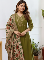 Solid green silk kurti palazzo with printed dupatta
