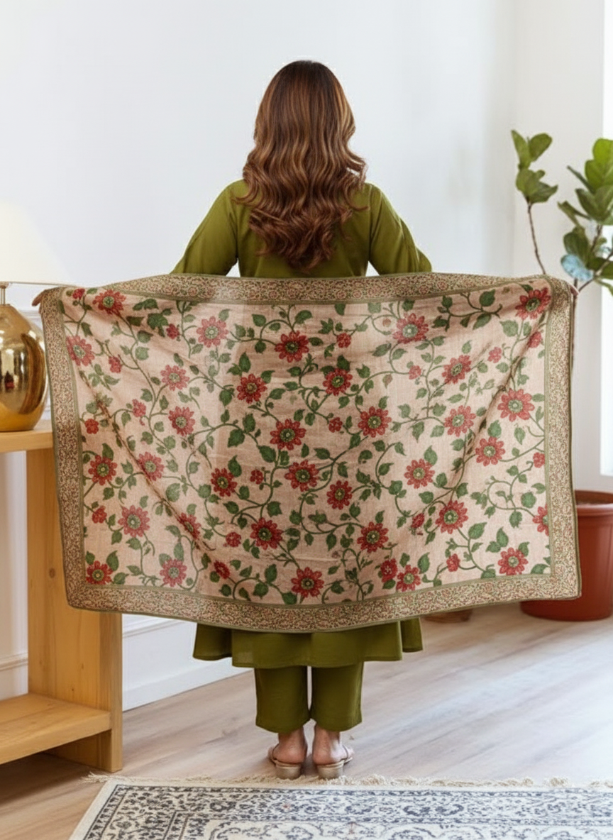 Solid green silk kurti palazzo with printed dupatta