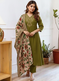 Solid green silk kurti palazzo with printed dupatta