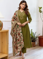 Solid green silk kurti palazzo with printed dupatta