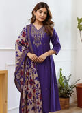 Purple Solid embroidered silk kurti palazzo with printed dupatta