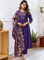 Purple Solid embroidered silk kurti palazzo with printed dupatta