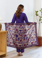 Purple Solid embroidered silk kurti palazzo with printed dupatta